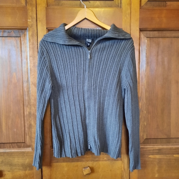 Eileen Fisher 100% cotton gray ribbed knit full zip cardigan sweater size medium - Picture 1 of 12